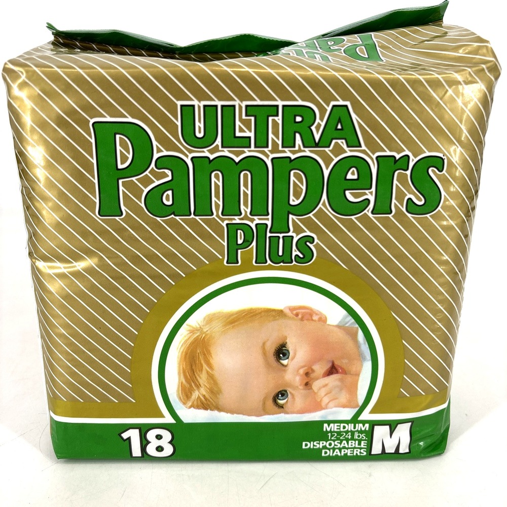 ULTRA Pampers Plus Plastic Vintage Diapers Unopened FULL PACKAGE 18 Size Medium